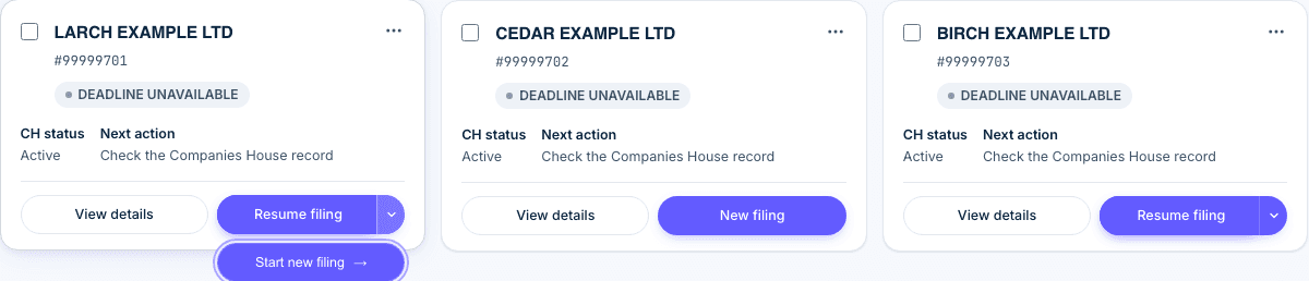 Three fictional company cards with matching View details and filing controls. The filing options dropdown contains only a purple Start new filing button.