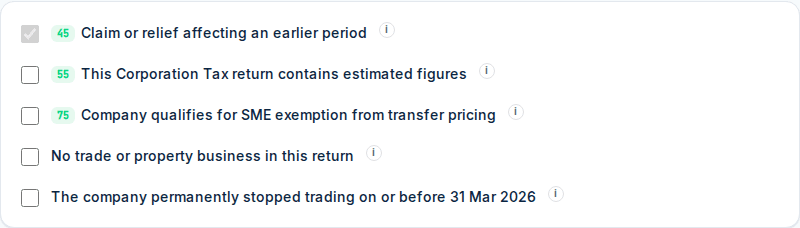 CT600 box 45, Claim or relief affecting an earlier period, ticked automatically after a trading loss carry-back amount is entered.
