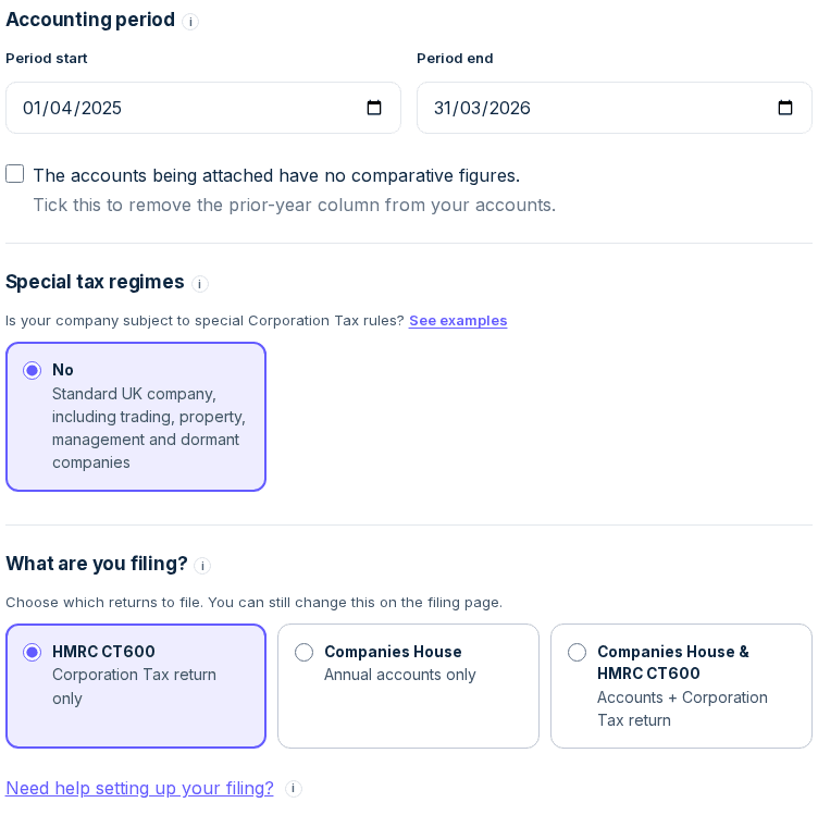 Accounting period selected with its help icon before Special tax regimes and What are you filing, with HMRC CT600 selected for Corporation Tax only.