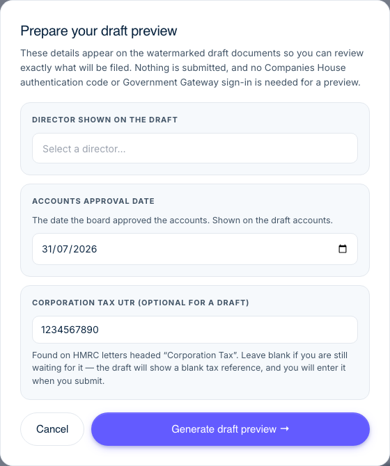 The Prepare your draft preview window showing the Accounts approval date field below the director selection.