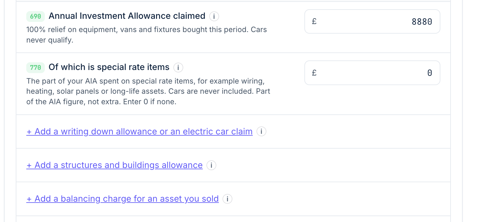 The Tax adjustments section showing an Annual Investment Allowance claim of £8,880 and an Of which is special rate items field of £0. Links below open writing down allowance, electric car, structures and buildings allowance and balancing charge fields.