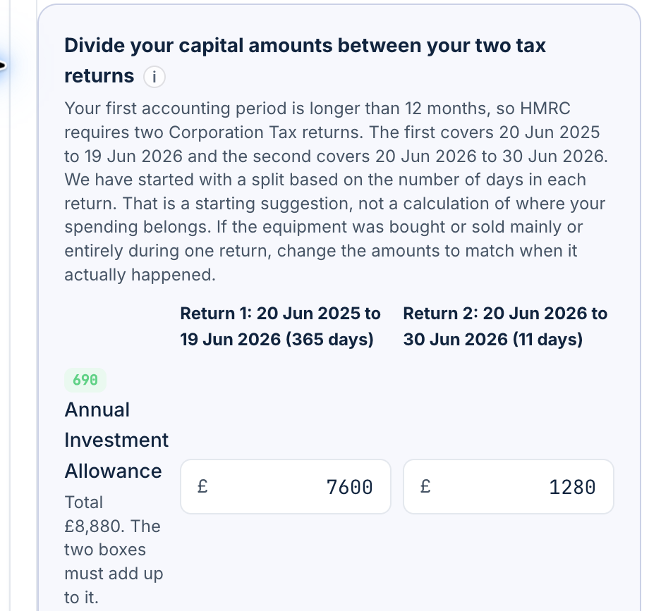 The long-period capital allocation panel showing two Corporation Tax return date ranges and two Annual Investment Allowance amount boxes which must add up to the £8,880 total.