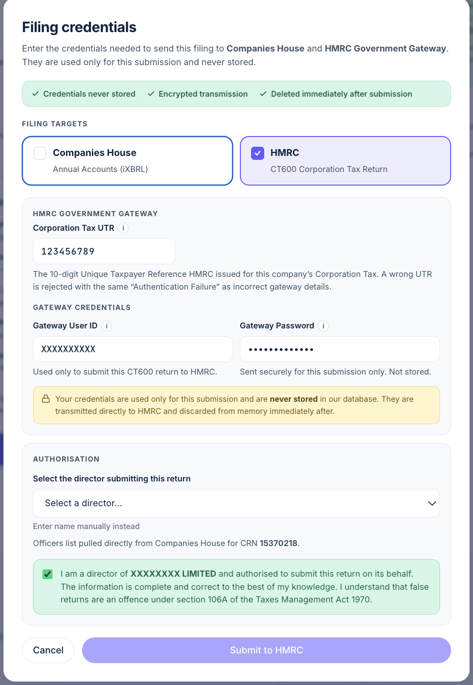 Filing credentials screen with only HMRC ticked. The Companies House fields are hidden and the button reads Submit to HMRC