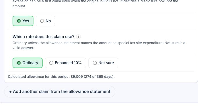 The bottom of an SBA claim showing Ordinary selected and a calculated allowance of £9,009 for 274 of 365 days.