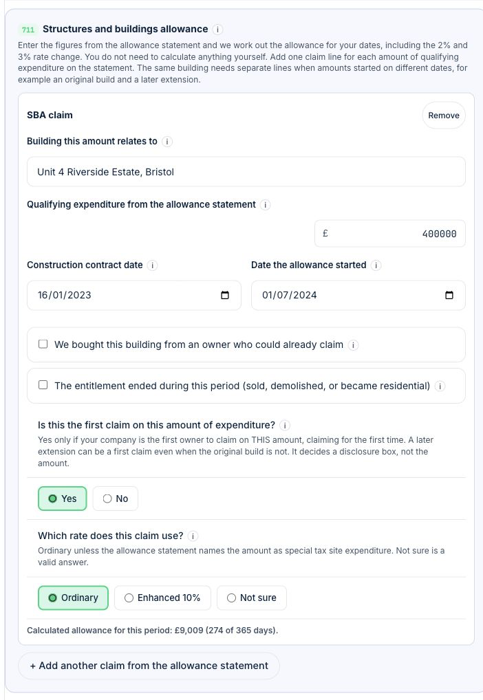 The Structures and buildings allowance claim panel completed with a building description, £400,000 qualifying expenditure, construction contract date, allowance start date, first claim answer and ordinary rate selection.